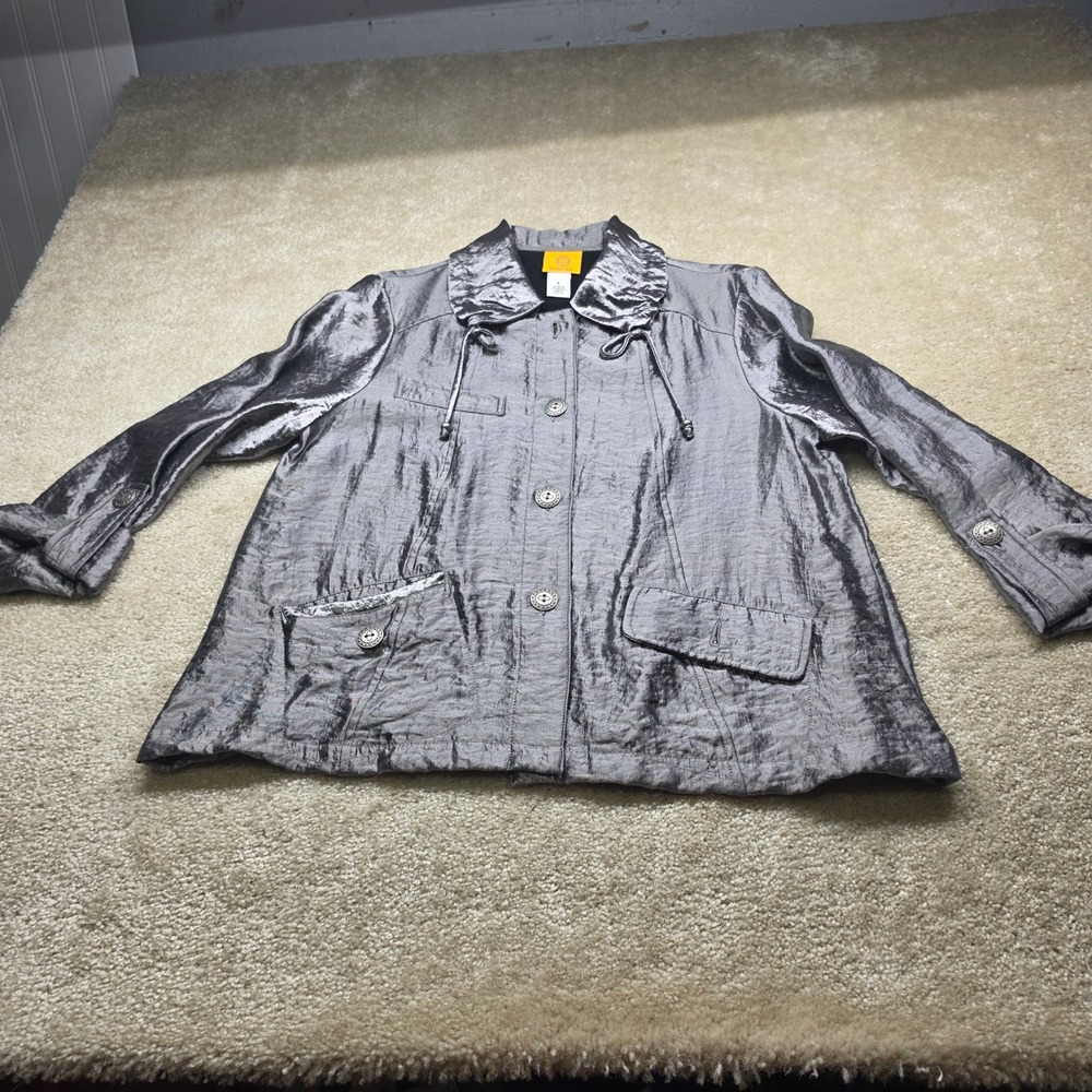 Ruby Rd Womens Metallic Silver Crinkle Button Up Jacket Collared Drawstring